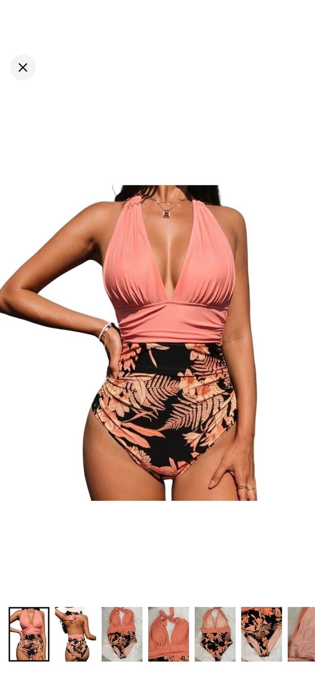 Cupshe size Large Havana Tropical Plunge Halter One Piece Swimsuit NEW